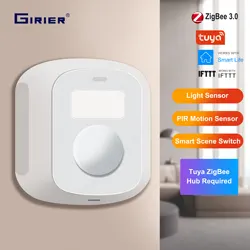 GIRIER Tuya Smart ZigBee Scene Switch with PIR Sensor Human Motion Monitor 3-In-1 Light Detector Works with Smart Life APP