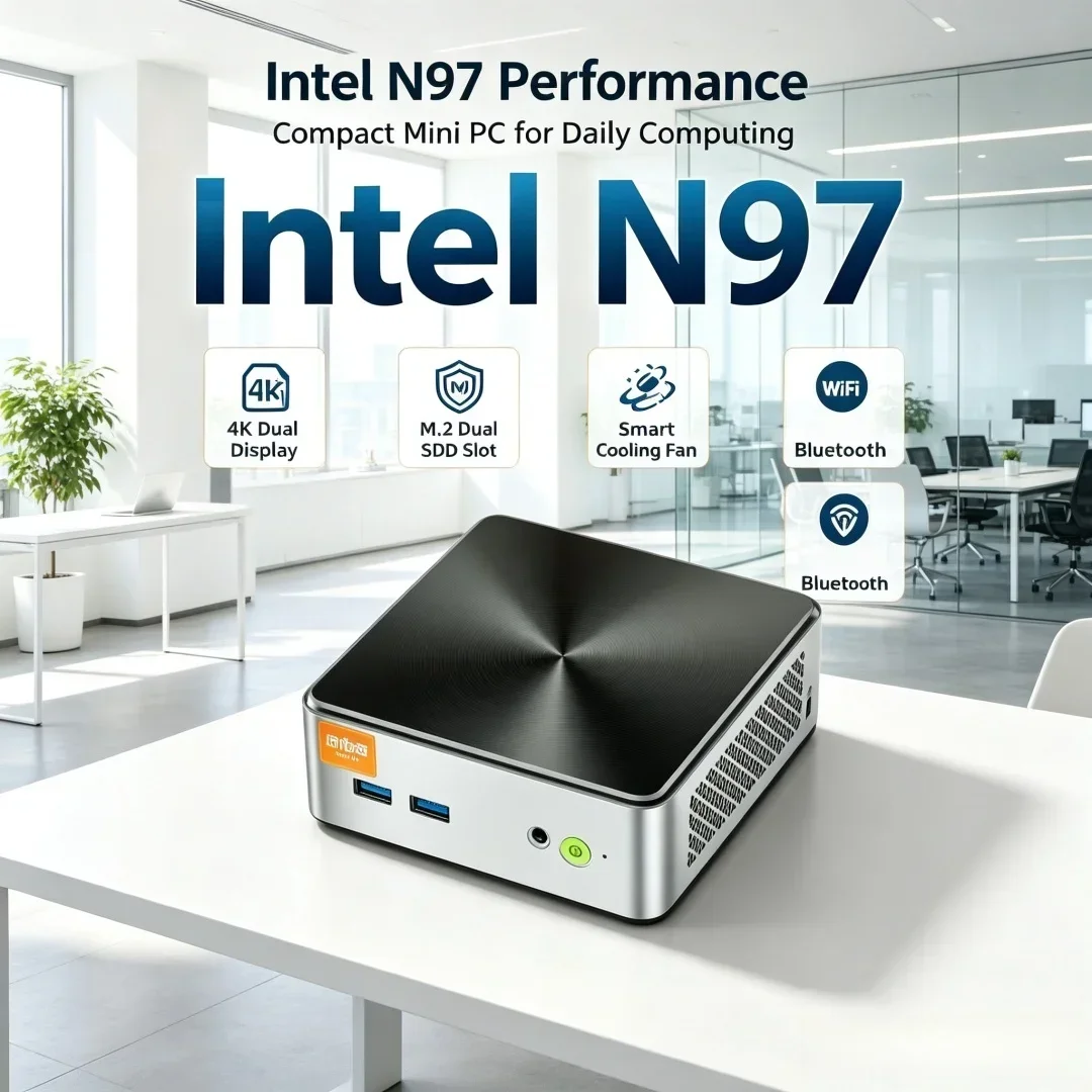 Mini PC Intel N97 8GB 128/256/256/512GB Dual M.2 Slots Desktop Computer Supports Temperature-controlled Cooling Fan