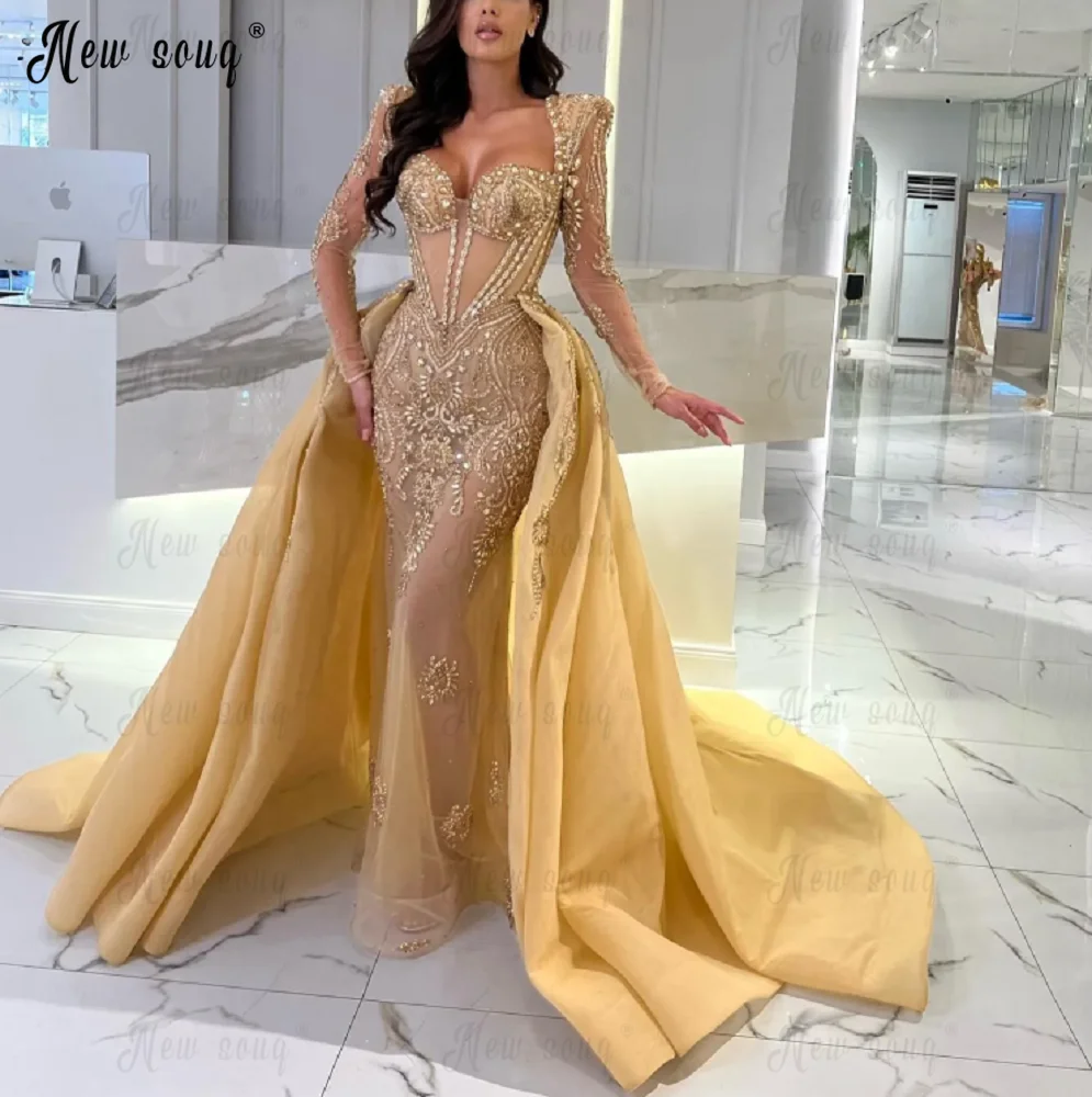 Gold Celebrity Dresses With Detachable Train Queen Anne Dubai Customized Luxury Formal Evening Night Gowns Wedding Party Dresses