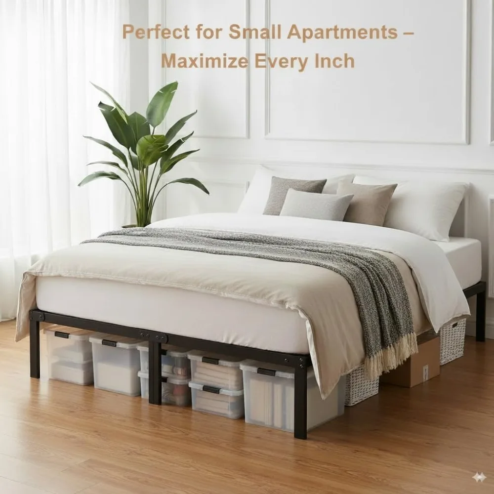 إطار سرير معدني كوين مع دعم شريحة للمرتبة، لا حاجة إلى صندوق زنبركي، ومساحة تخزين #4