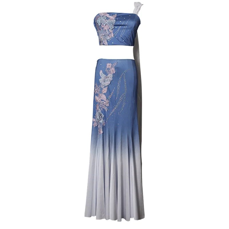 ダイ民族舞踊衣装 パフォーマンス衣装 ダンスドレス 孔雀舞 練習用 女性 ラインストーンフリンジドレス ミラー