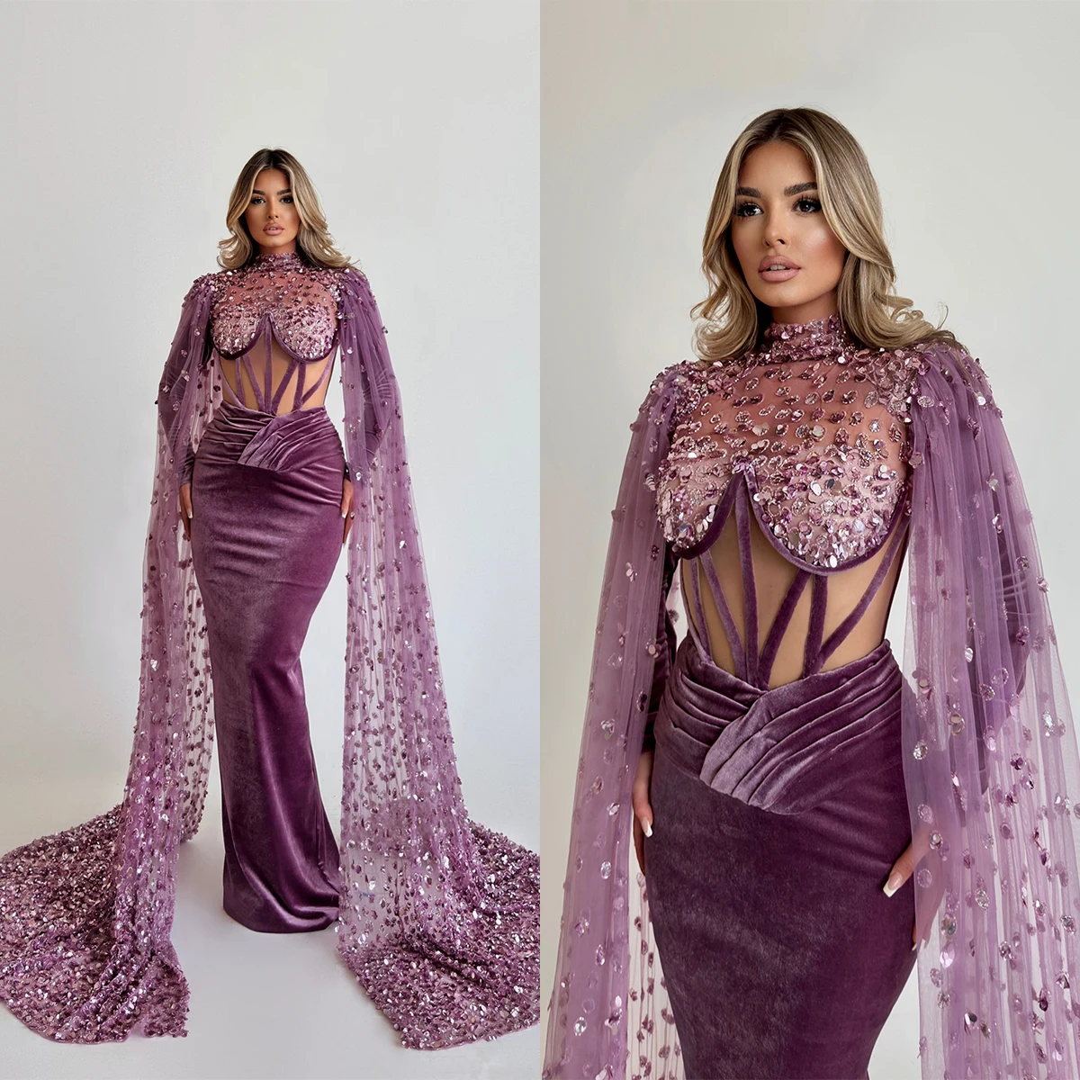 Gorgeous Mermaid Evening Dresses For Women High Collar Long Sleeves Gowns Crystal Dress For Party Custom Made