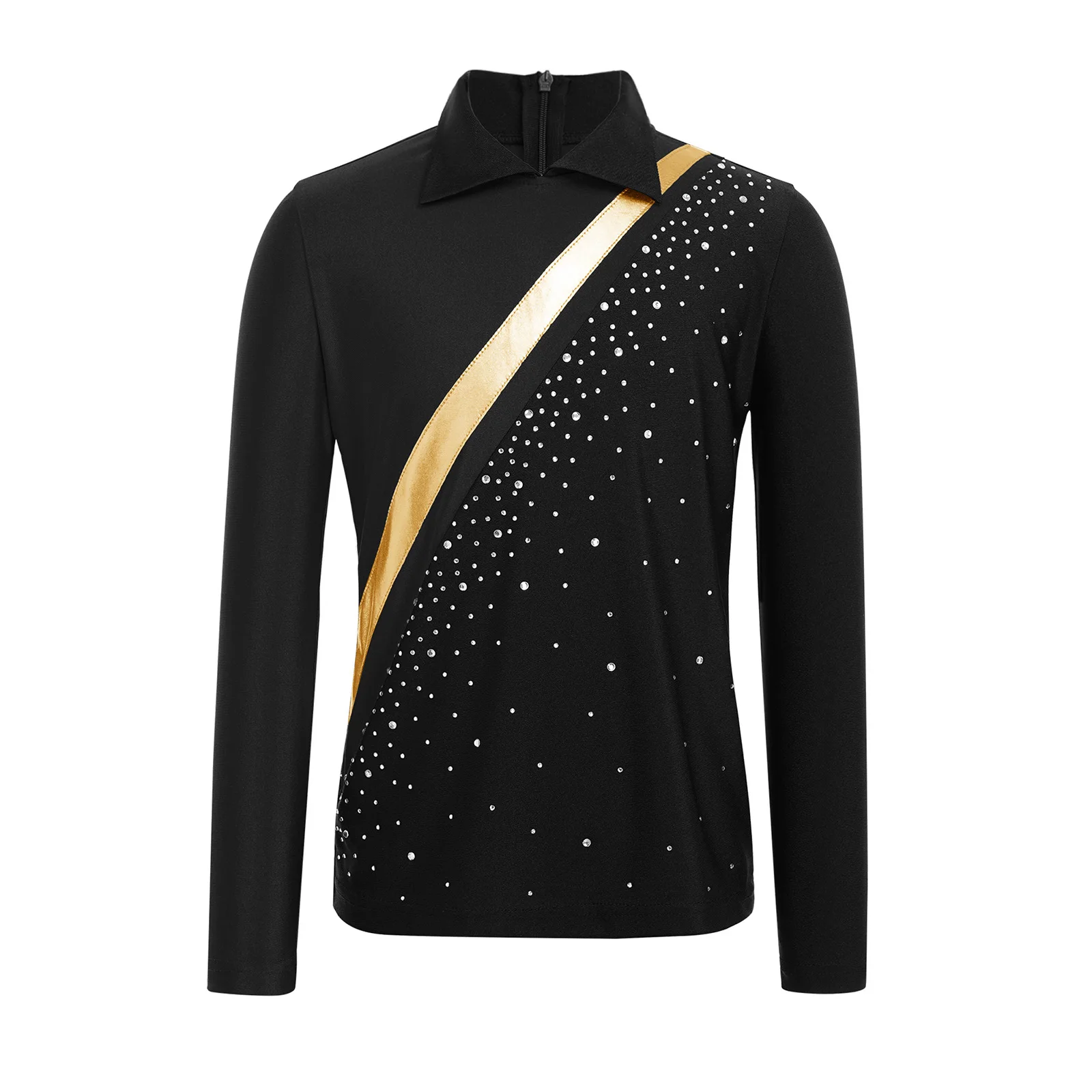 

Kids Boys Figure Skating Tango Jazz Ballet Performance Costume Shirts Contrast Color Dancewear Long Sleeve Rhinestones Latin Top