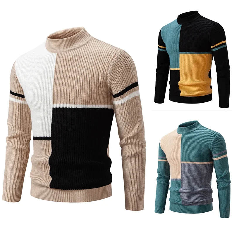 New Autumn-winter Men\'s Fashion Collage Color Sheep Wool Sweater Sweater Comfortable High Neck Long Sleeve Pullover