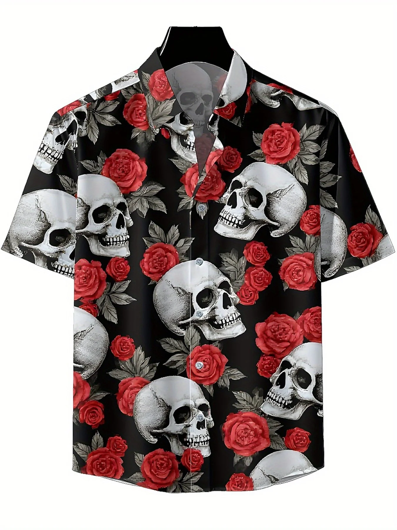 Men's Plus Size Hawaiian Shirts Skull Roses Pattern, Summer Casual Tops, Outdoor and Party, Streetwear