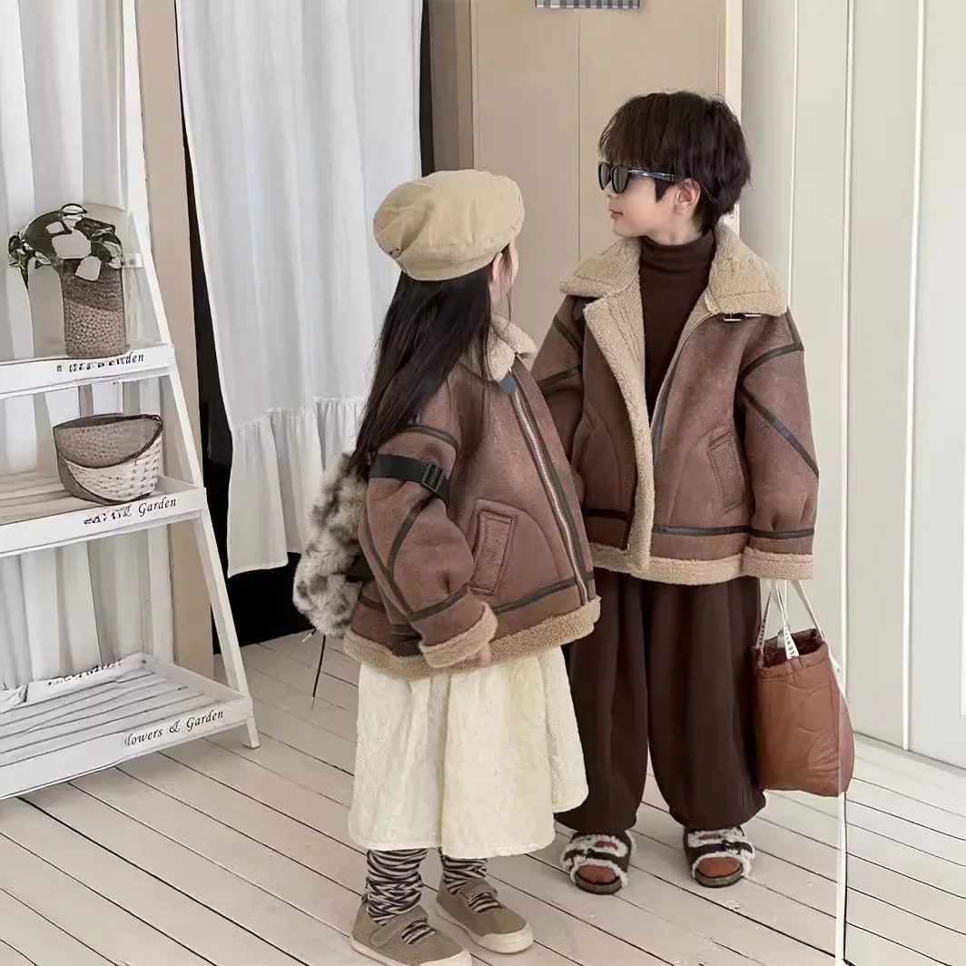 2024 Winter Children's Fur Integrated Suede Lamb Wool Warm Coat