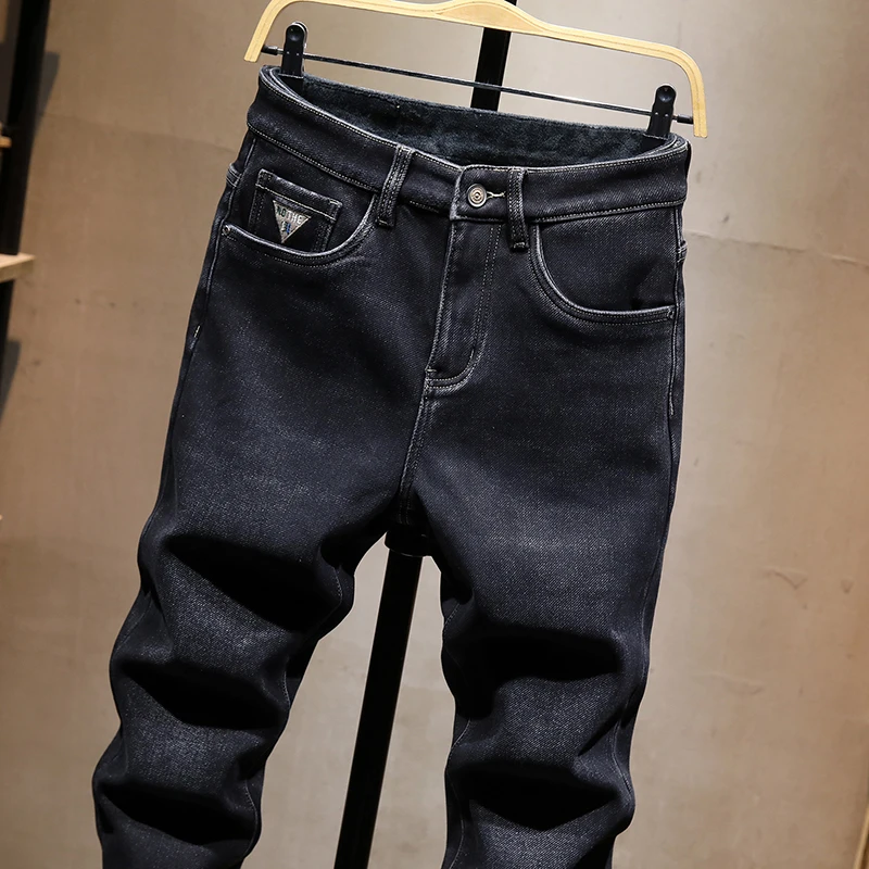 High-end winter warm padded American jeans men retro washed fit small feet casual large size tapered long pants