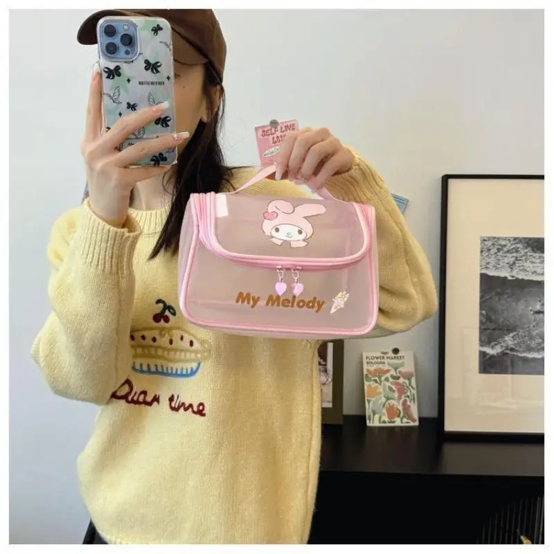 Sanrio Cute Mesh Cinnamoroll Handheld Makeup Bag Large Capacity Breathable Travel Toilet Cosmetics Storage Bag Fashion Portable