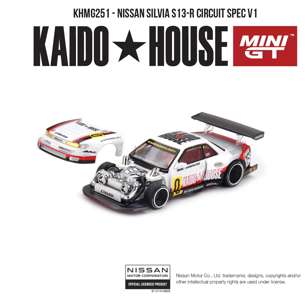 

Kaido House 1:64 Nissan Silvia S13-R Circuit Spec V1 Race Livery Open Hood JDM Track Diecast Model Car In Stock KHMG251
