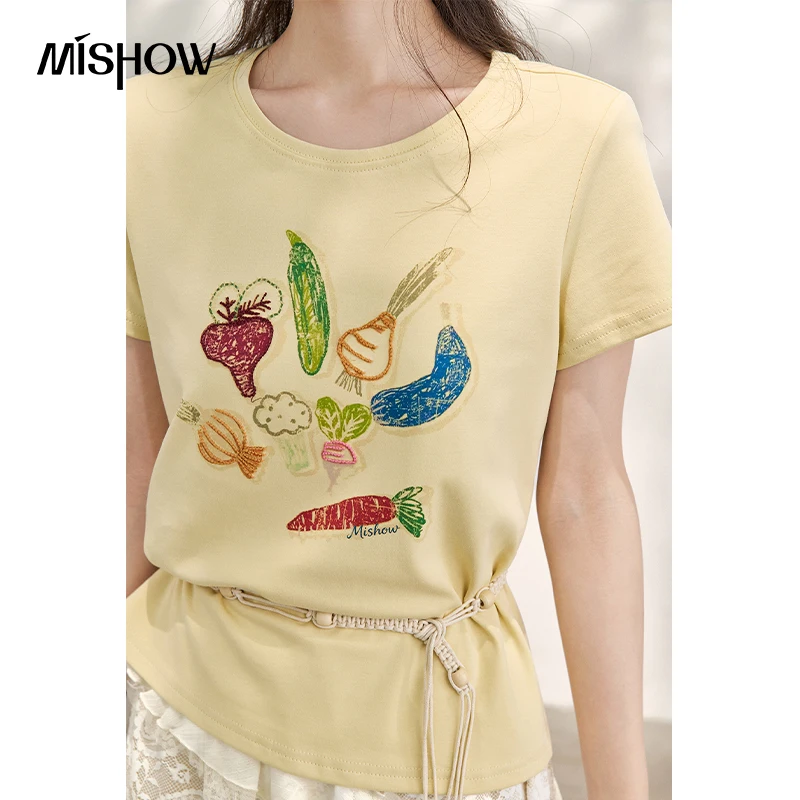 MISHOW Hand-Painted Vegetable Fruit Printed T-Shirt For Women 2026 Summer Loose Round Neck Short Sleeved Slimming Top MXF26T1645