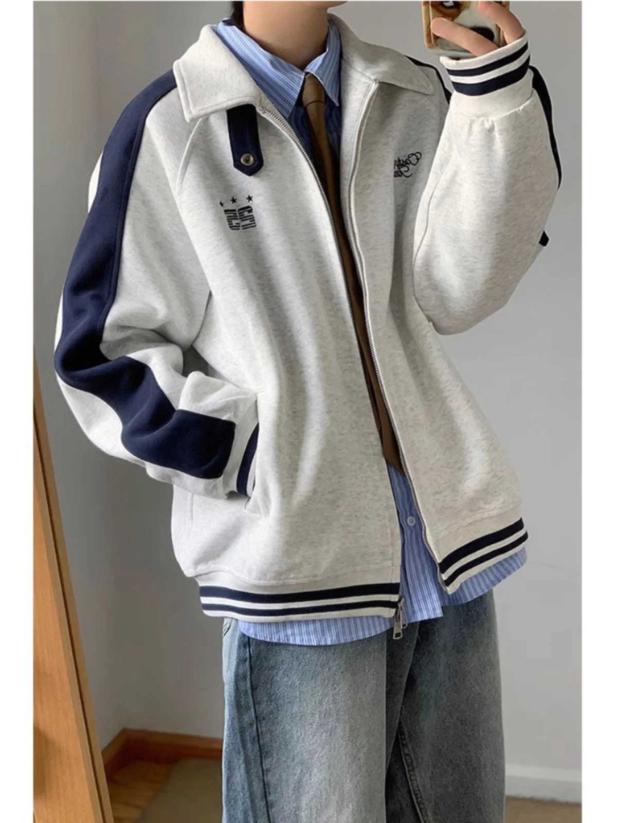 Retro Varsity Jacket Men Women Spring Color Block Stripe Collar Embroidered Hoodie Coat Loose Couples Casual Trendy Outerwear