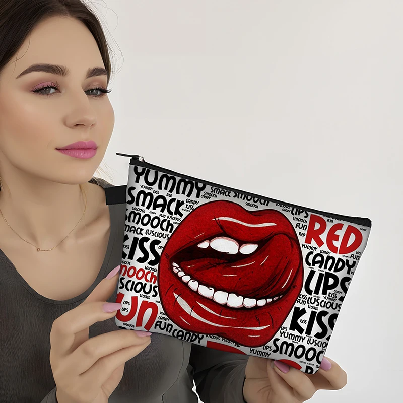 Sexy Red Lips Print Cosmetic Cases Women Makeup Bag Ladies Portable Toiletry Bags Small Storage Bag Zipper Pouch Organizer Gift