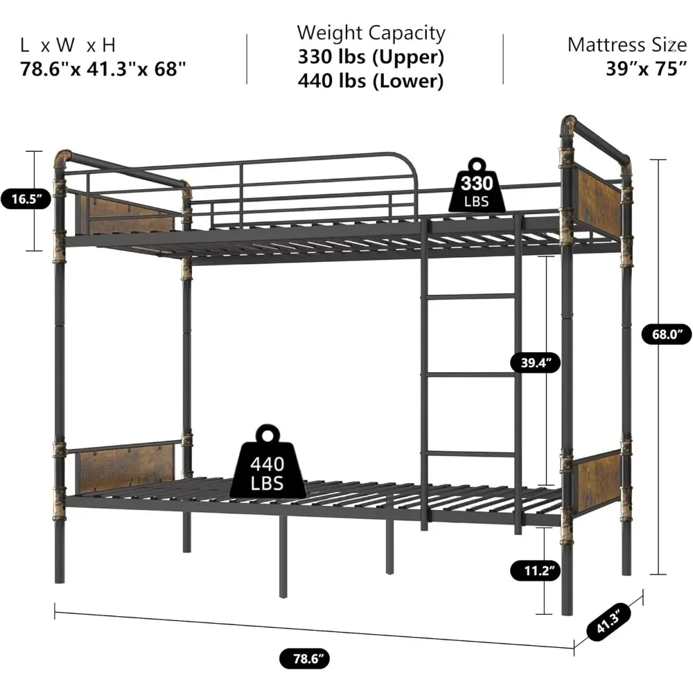 2-in-1 Metal Bunk Bed, Converts Bunk Bed into 2 Separate Adult Child Bunk Beds, 16.5-inch High Guardrails