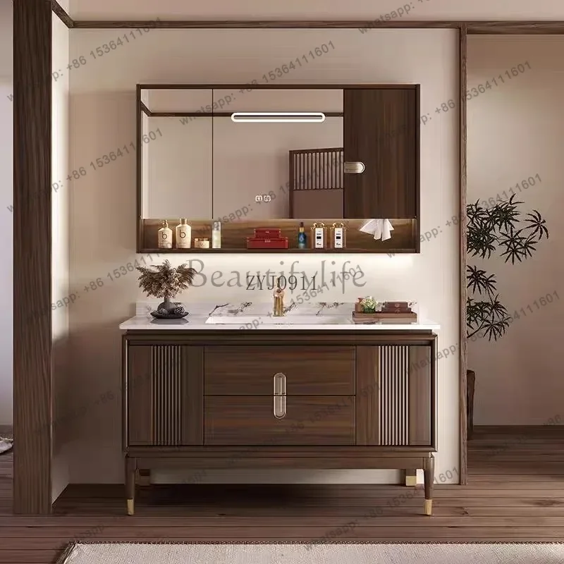 

New Chinese ebony bathroom cabinet floor-to-ceiling ceramic integrated basin smart mirror cabinet combination