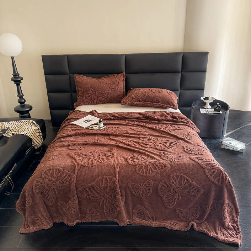 Custom OEM ODM Double Layer Flannel Blanket 3D Butterfly Jacquard Anti Static Warm Reversible Bed Sofa Blanket Private Label
