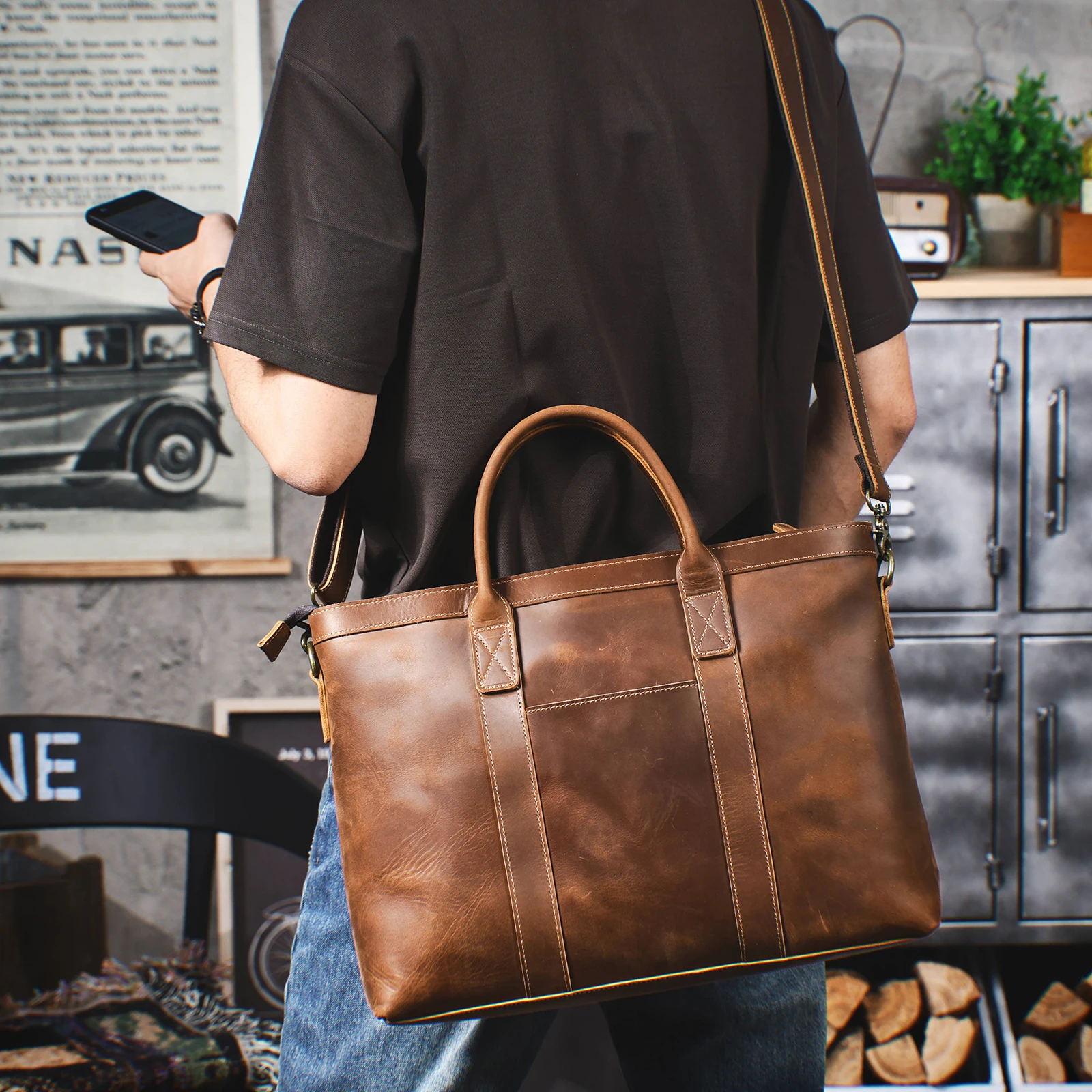 Vintage Echtleder Herren-Aktentasche 16 Zoll Laptop-Taschen Crazy Horse Leder Messenger-Handtasche Rindsleder Geschenkidee für Männer – Detail 5