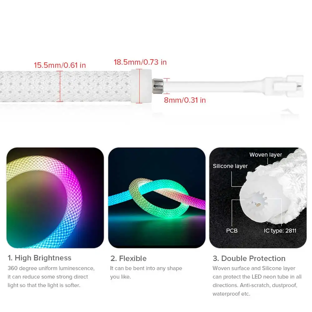 Tuya Round Reticulate Neon Strip Lights, LED Neon Strip Lights, Smart RGBIC Flexible, DC 5V pour Noël, Résistant à 360