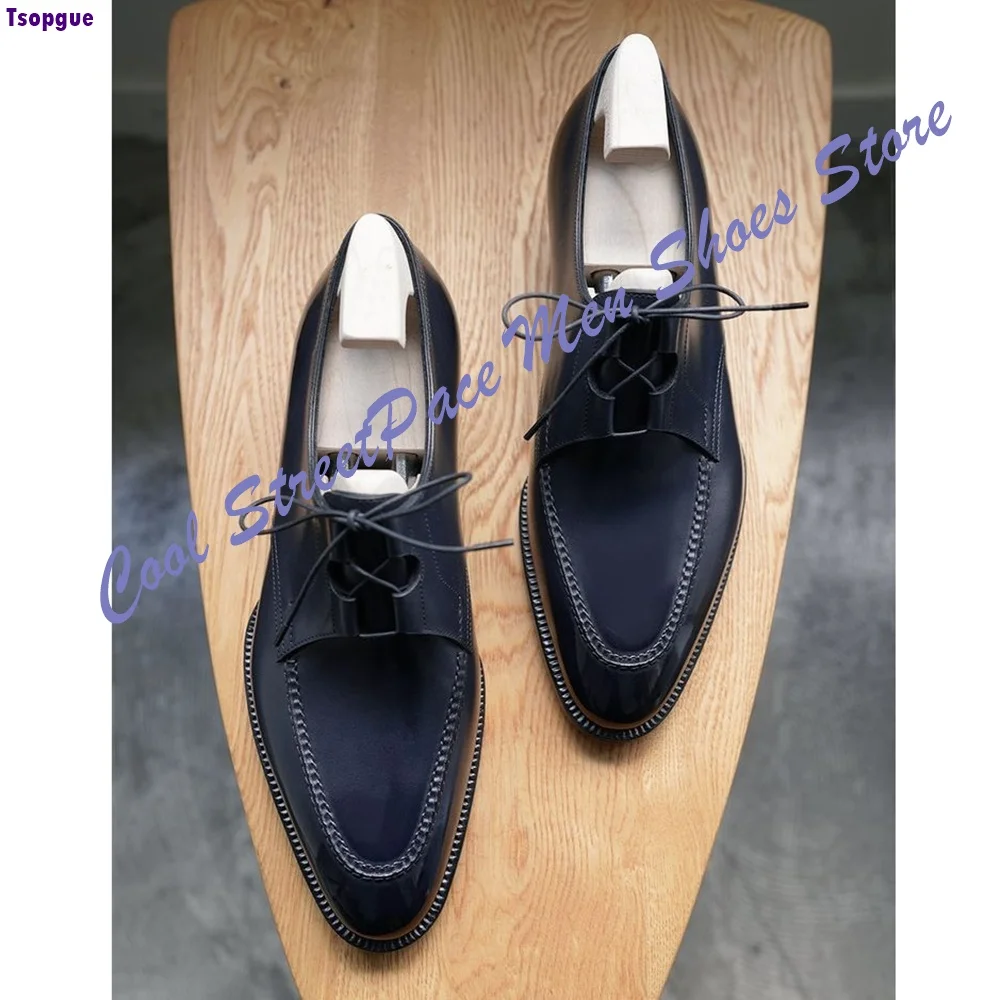 Men's Black Full Stitch Oxford Shoes Polished Leather Lace Up Pointed Toe Handmade Formal Wedding Business Office Dress Footwear
