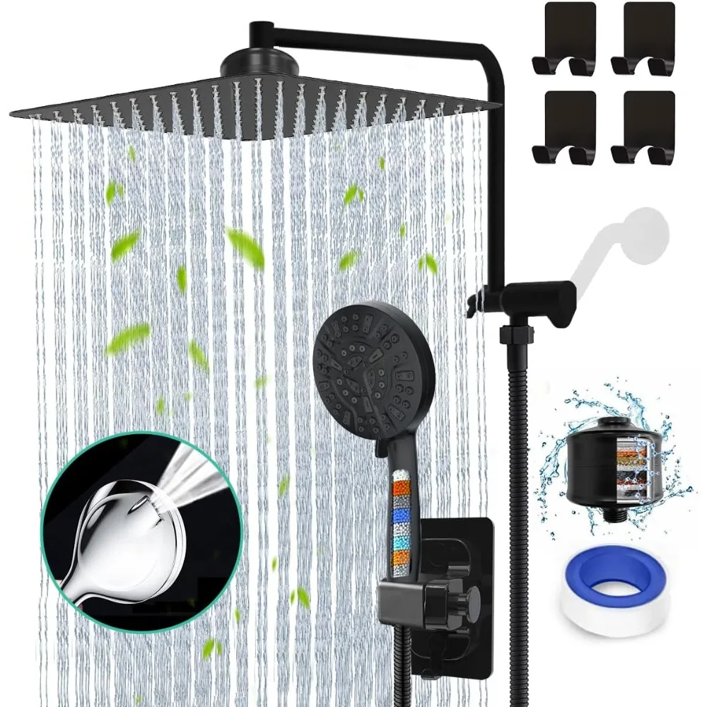 

12" Black Shower Head and Handle Set 10 Settings Built-in 2 Power Wash Filtered Showerhead for Hard Water,Rain Shower Head