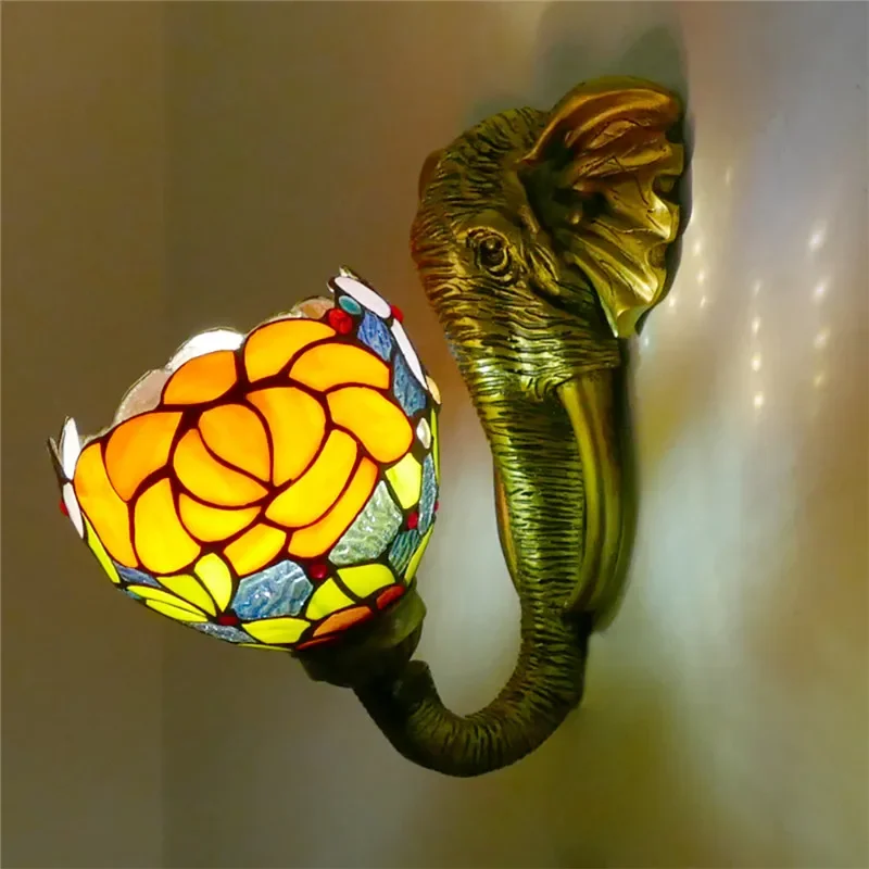 BELLE Tiffany Elephant Wall Lamps Vintage Bedroom Bathroom Mirror Front Lamp Hotel Restaurant Stained Glass Wall Lamp