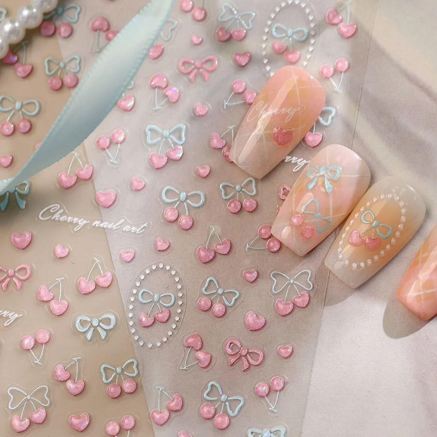 Nail Art Oval - Stiker Kuku Pink Biru Cherry Bow
