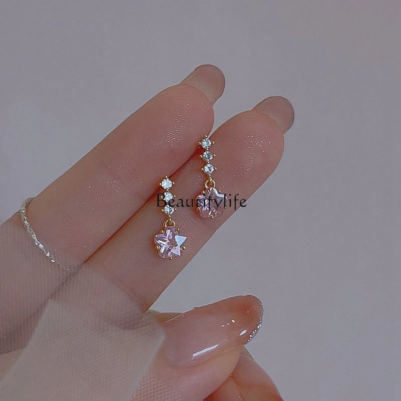 

Pink flower zircon sweet temperament simple niche high-end earrings