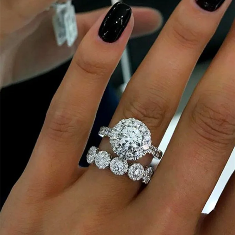 2023 New 2Pcs Fashion Set Rings for Women Luxury Inlay Brilliant Cubic Zirconia Wedding Engagement Party Female Rings Jewelry