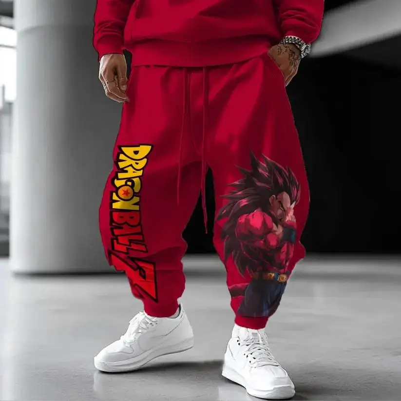 Pantalon de survêtement imprimé Goku rouge, en coton, unisexe, coupe ample, à revers, à la cheville, grande taille, jambes larges, Hip Hop