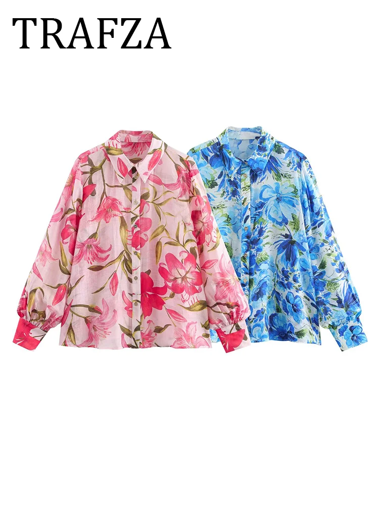 

TRAFZA Women's Floral Print Shirts 2025 Summer Lapel Long Sleeve Single Breasted Pink Blouses Elegant Loose Shirt Holiday Blouse