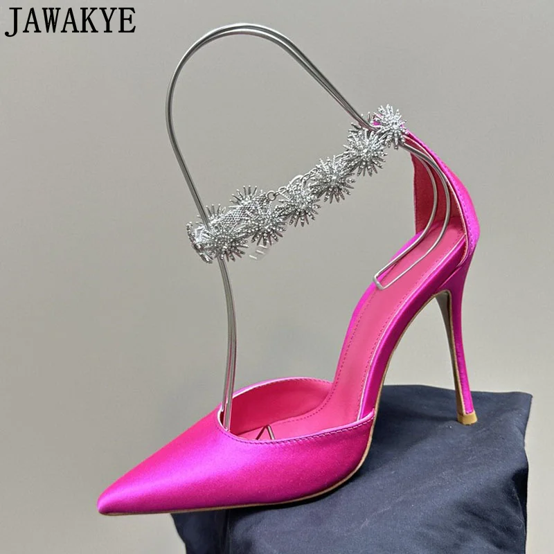 

Summer Brand Satin Formal Dress Shoes Women Pointy Toe Crystal Narrow Band High Heel Shoes Sexy Runway Party Wedding Shoes Women