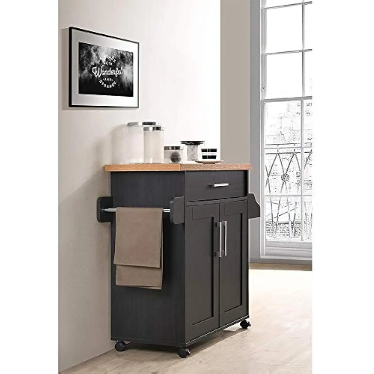 Mobile Kitchen Cart with Adjustable Tiered Shelf Spacious Countertop Lockable Casters Large Drawer Enclosed Cabinet Towel Holder