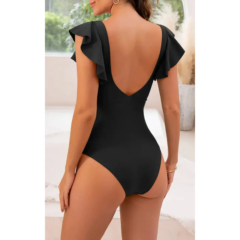 2024 New one-piece slim solid color printed cross hollow ruffle swimsuit for women