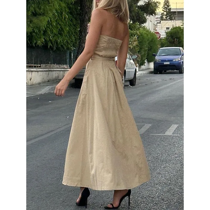 الكاكي ألف خط أنبوب فساتين امرأة 2026 أنيق تقسم مزدوجة الصدر جيوب تعادل الخصر حفلة عيد ميلاد فستان طويل أنيق 77615