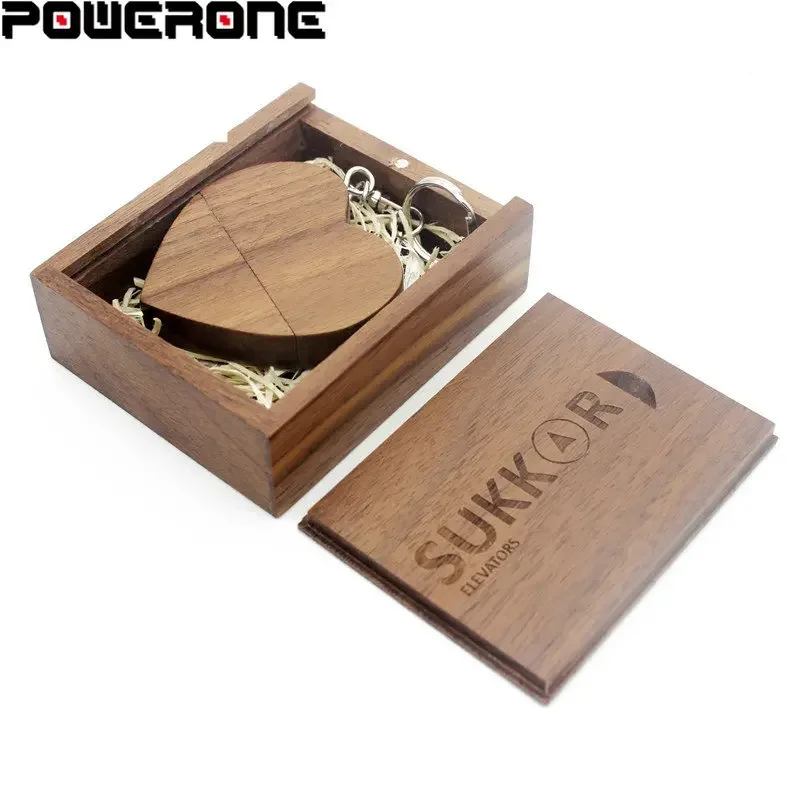 POWERONE (1 Uds. LOGO personalizado gratis) unidades Flash USB 64GB corazón de madera + caja Pendrives 32GB regalos de boda memoria USB 2,0 16GB