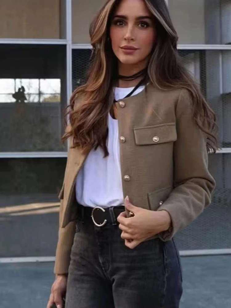 HH Giacca da donna elegante moda solida autunno monopetto girocollo cappotto con tasche top capispalla da donna da ufficio