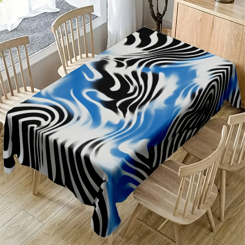 Abstract Swirl Tablecloth, Blue Black White Fluid Wave Print Waterproof Table Cover, Washable for Modern Cafe Table Decor