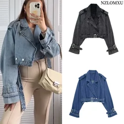 2024 Spring Denim Cropped Trench Coat For Women Short Trench Coats Women Short Jackets Ladies Long Sleeve Loose
