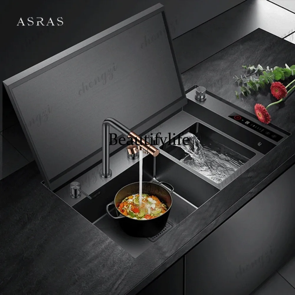ASRAS Hidden Double Sinks Smart Purifying Kitchen Island Sinks Flip Cover Hidden 4mm Thickness Handmade kitchen Sinks