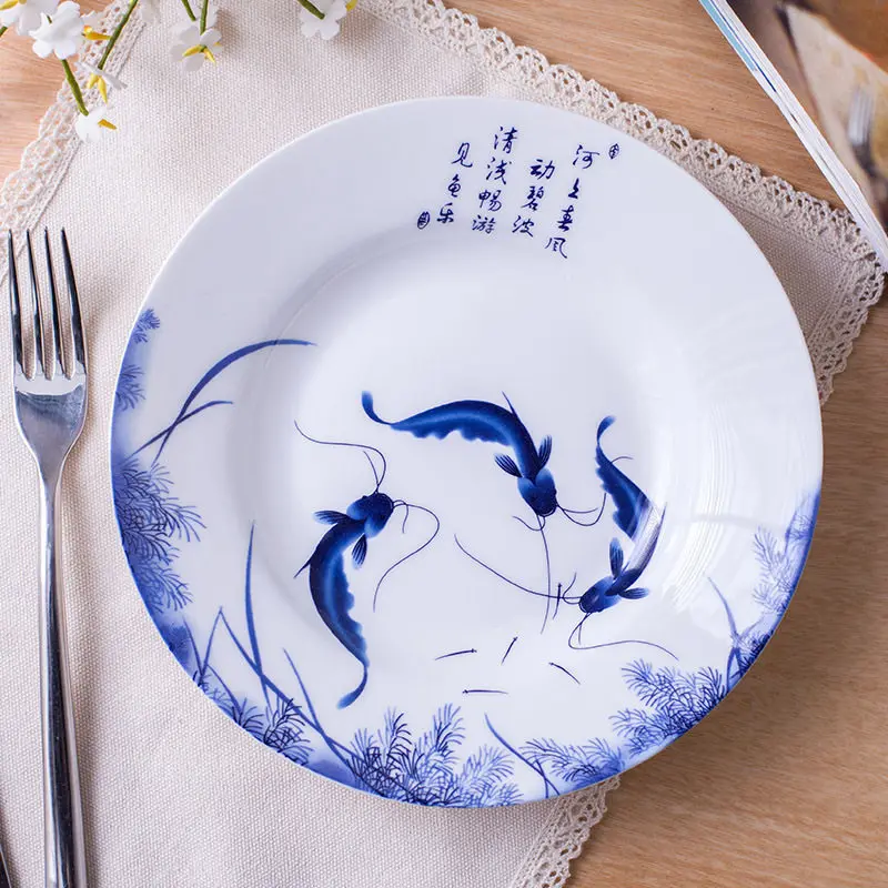 Plate Household Vegetable Plate 2026 New Jingdezhen Ceramic Dinner Plate Dish Blue and White Porcelain Deep