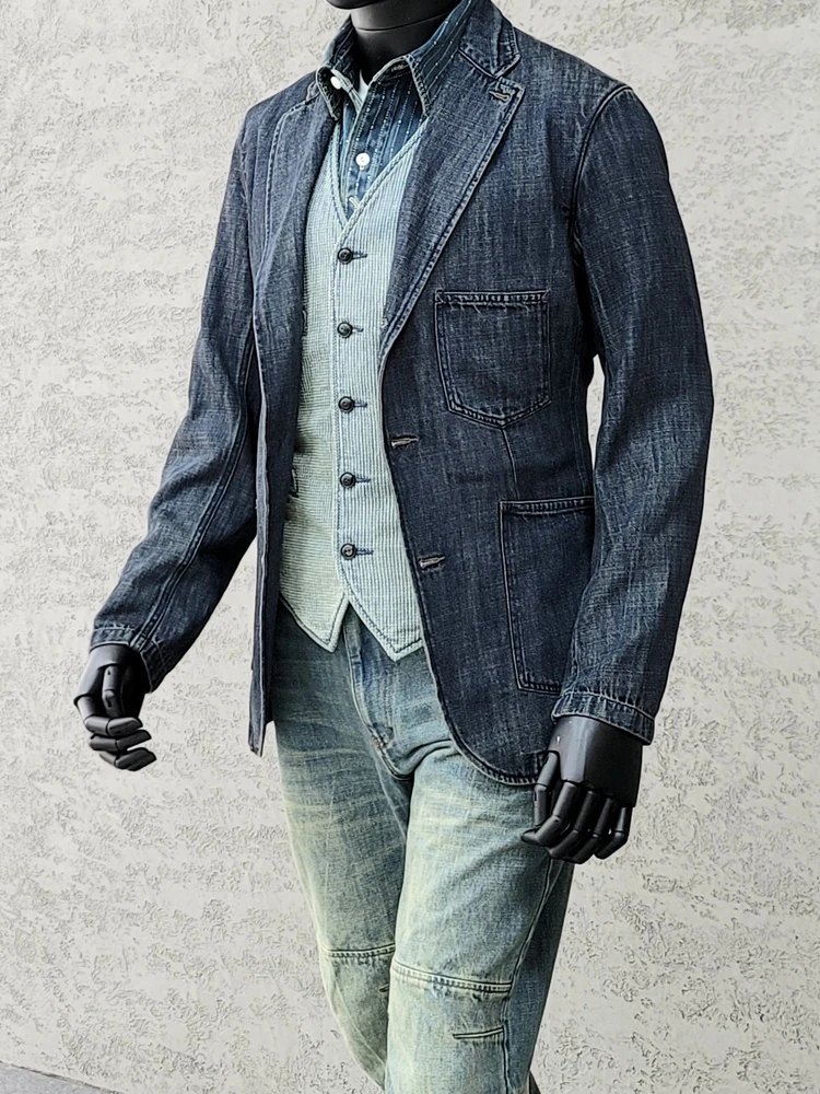 Amekaji Wear Clothes Men American Retro Cotton Linen Denim Casual Suit Jacket Washed Distressed Good Quality