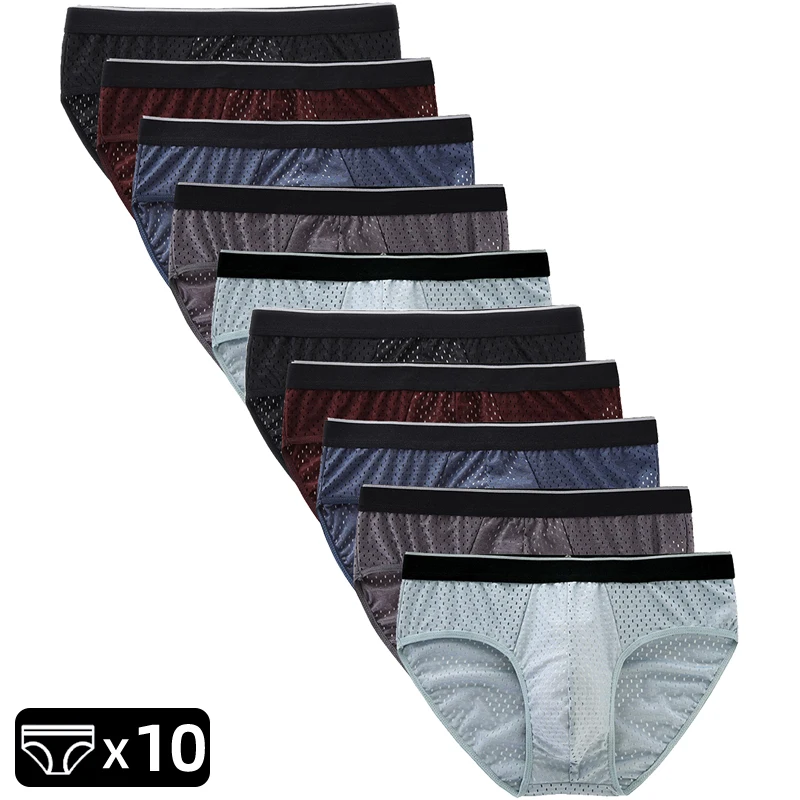 

2026New Summer Ice Silk Mesh 10Pcs/Lot Briefs for Men Sexy Underwear Light Thin Breathable Boxer Sports Male Cool Panties L-5XL