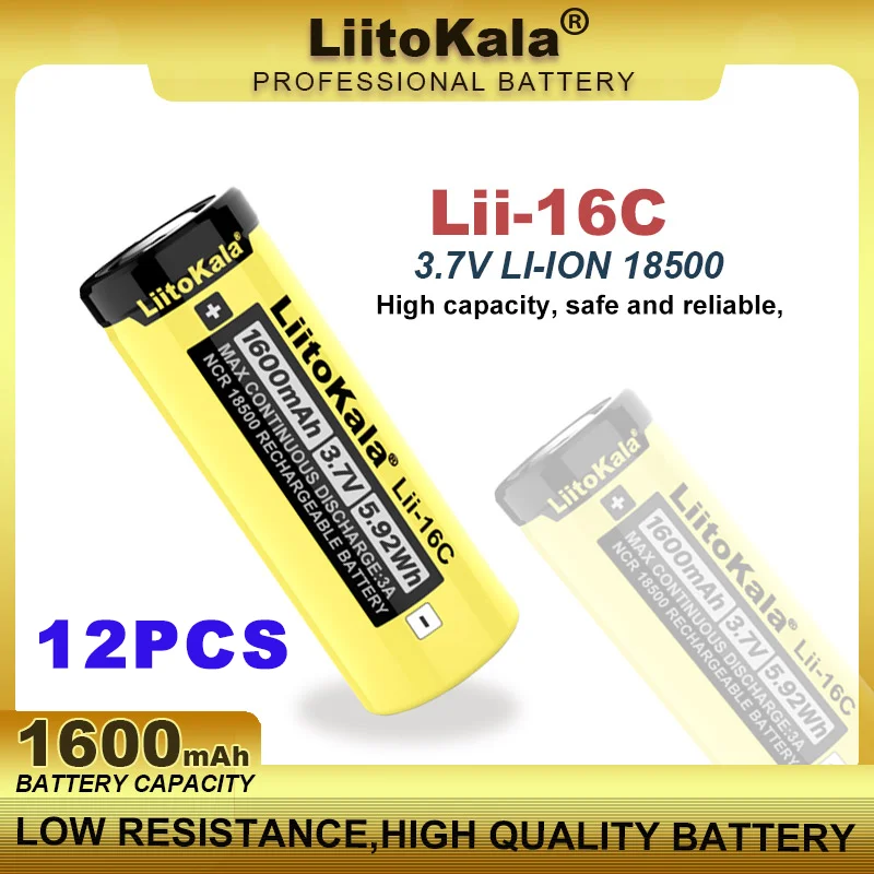 12PCS LiitoKala Lii-16C 18500 1600mAh 3.7V Rechargeable Battery Recarregavel Lithium ion Battery For LED Flashlight