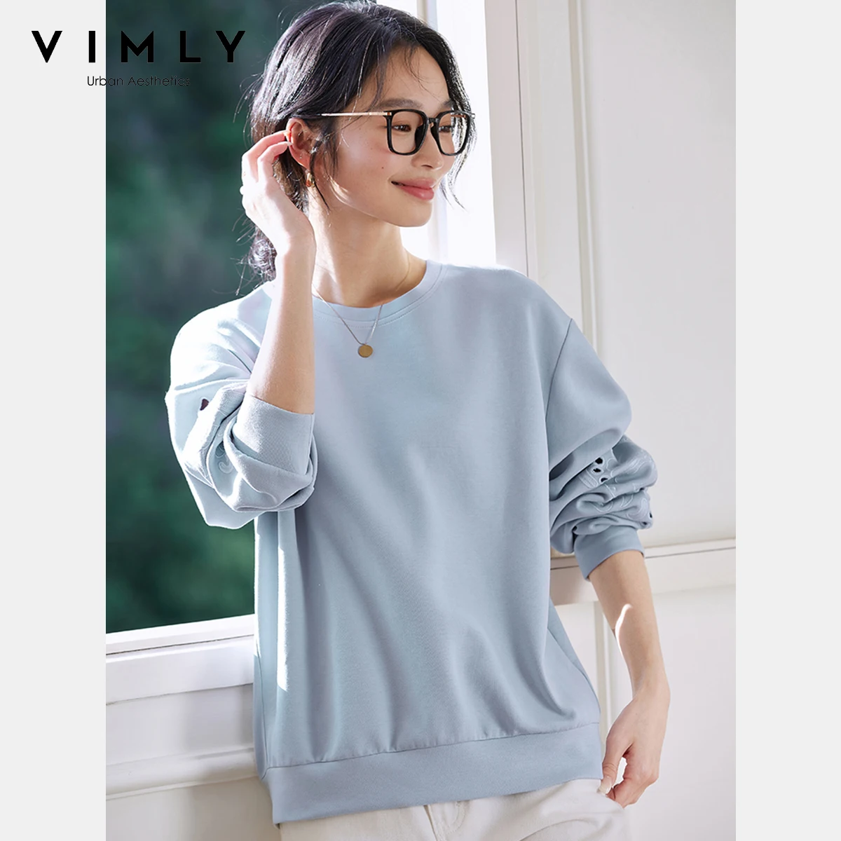VIMLY Crew Neck Sweatshirt Women Spring 2025 Embroidered Hollow Out Loose Long Sleeve Top Female Pullover Woman Clothes A0685