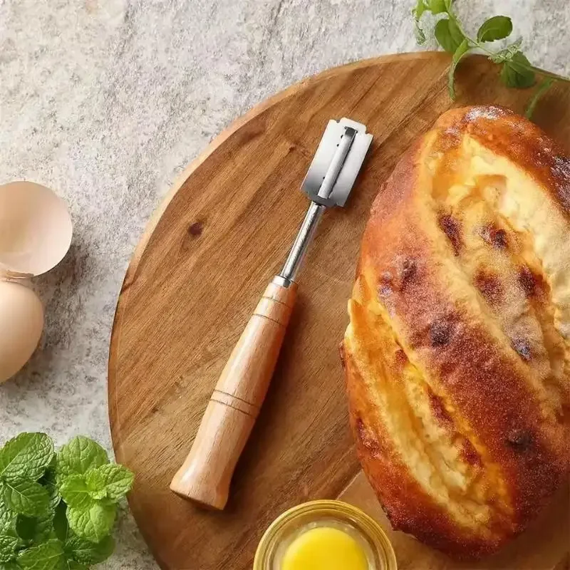 Pemotong Roti Pisau Roti Perancis Gadget Dapur Kayu Biasa Gagang Panjang Aksesori Memanggang Pisau Roti Lengkung Melengkung Gaya Eropa