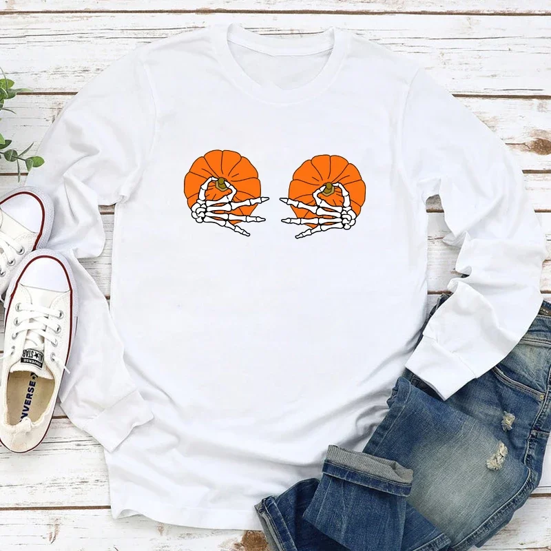 

Funny Pumpkin Boobs T-shirt Gothic Women Long Sleeve Hipster Graphic Top Tee Shirt Sarcastic Halloween Party Gift Tshirt