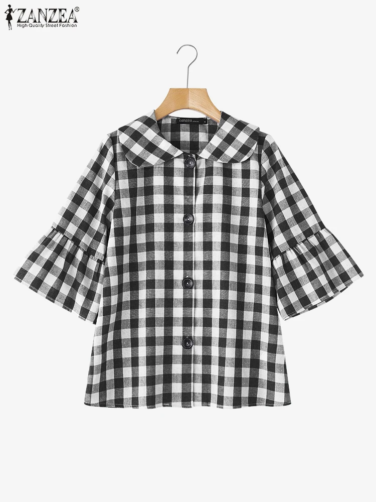 

ZANZEA винтажные клетчатые рубашки, женские повседневные блузки, лето 2021, модные туники в клетку с расклешенными рукавами 3/4, свободные женские блузки