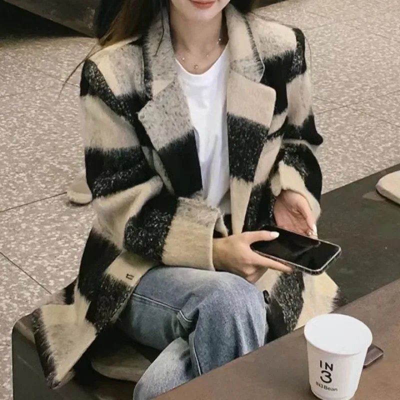 【Revival vintage】 F/W Giacca da donna a quadretti in stile britannico Cappotto in tweed ispessito Giacca da fidanzato oversize Autunno Streetwear