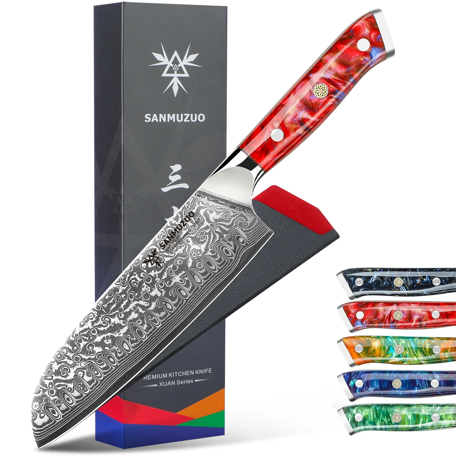 

SANMUZUO 7-дюймовый нож Santoku - серия Xuan - кухонный нож из дамасской стали VG10 - ручка из смолы - легкий и прочный