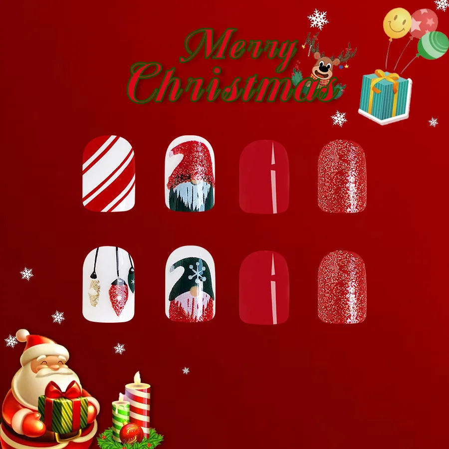 24Pcs Red Short Christmas Press on Nail Square Reusable Full Cover Nail Art Tips with Santa and Colorful Light Design for Women