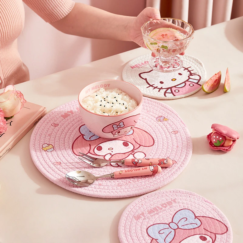 KawaiI My Melody Trivet Mat Sanrio Anime Cinnamoroll Hello Kitty Placemats Cute Coaster Anti-heat Woven Potholders Dish Bowl Mat